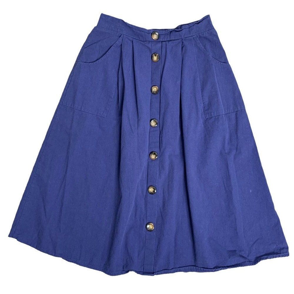 Retro Knee Length Swing Skirt S Blue Pockets Elastic Waist Decorative Buttons
